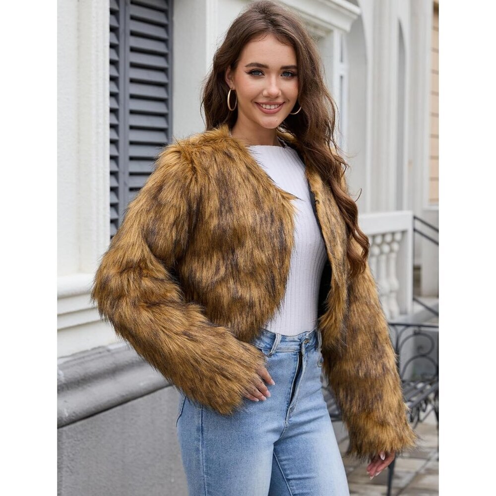 Women's Brown Gihuo Cropped Faux Fur Coat Open Front Fleece Winter Jacket - Picture 4 of 7